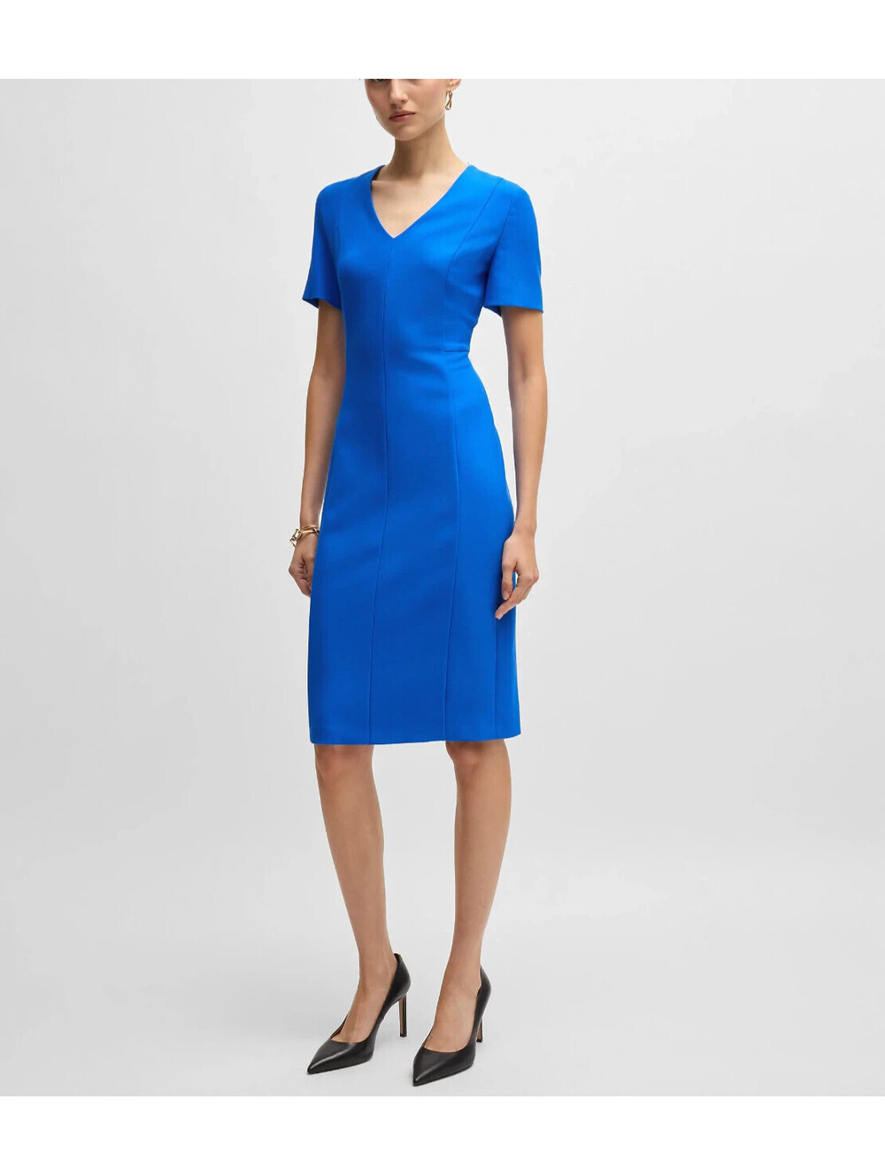 $499 Boss Damaisa Blue Short Sleeve Sheath Dress w/ Silver Back Zipper Sz 4